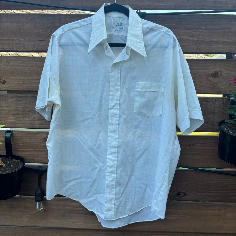 Van Cort Button Down Shirt Mens 16.5 White Grid Good Vintage Short Sleeve Pocket